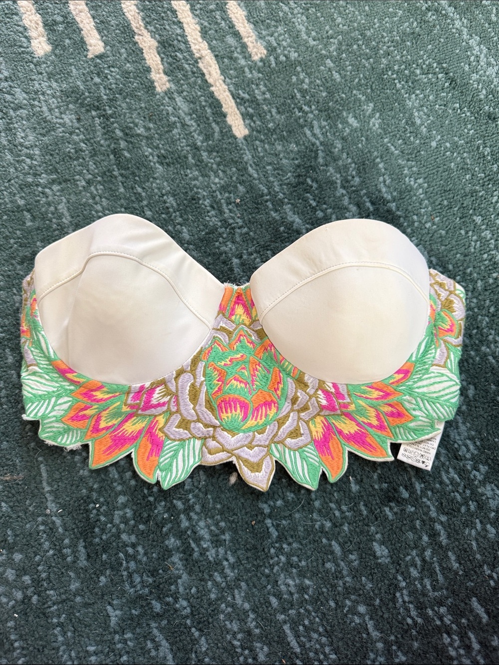 Mara Hoffman - White Strapless Bra with Colorful Embroidered Floral Appliqué